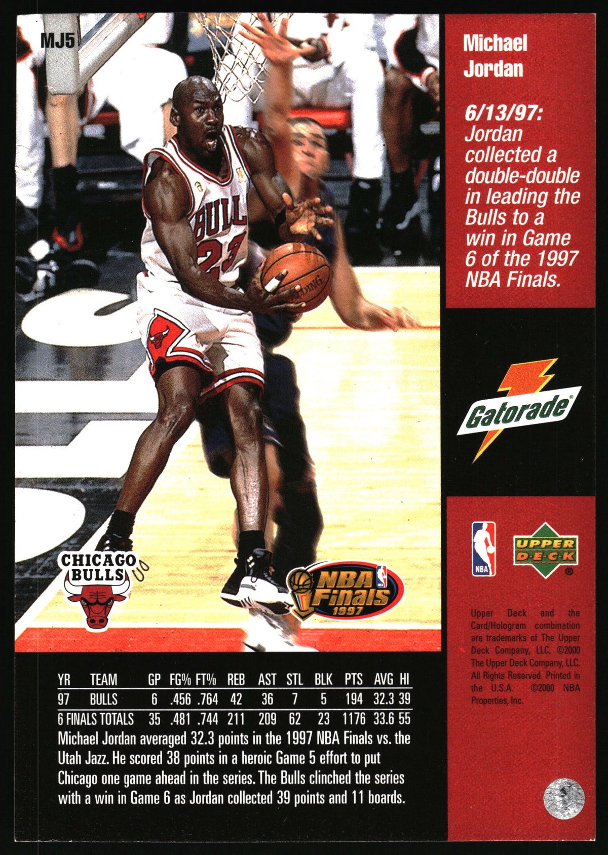 A vintage 1997 NBA Finals trading card featuring Michael Jordan in a Chicago Bulls uniform, with team and player statistics, a red Gatorade sponsor panel, and a UDP Deck logo.