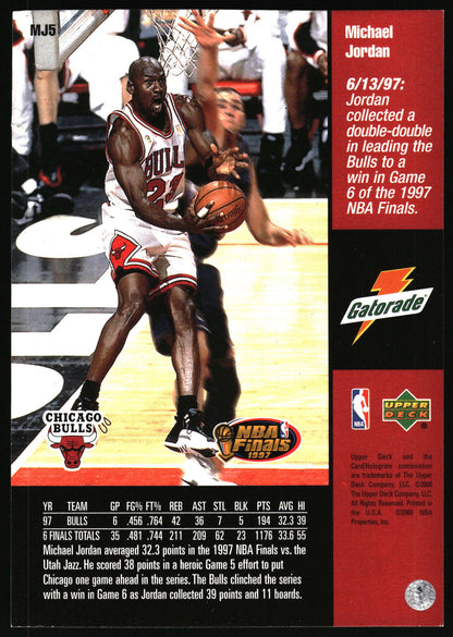 A vintage 1997 NBA Finals trading card featuring Michael Jordan in a Chicago Bulls uniform, with team and player statistics, a red Gatorade sponsor panel, and a UDP Deck logo.