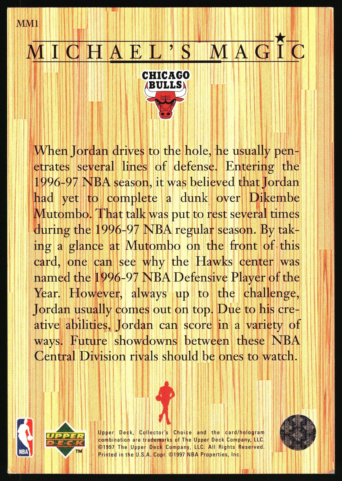 A collectible basketball trading card back for the Chicago Bulls player Michael Magic, featuring a light wood-grain background with team logo and player name at the top, a block of text in the center, and a black border with player stats and logos at the bottom.