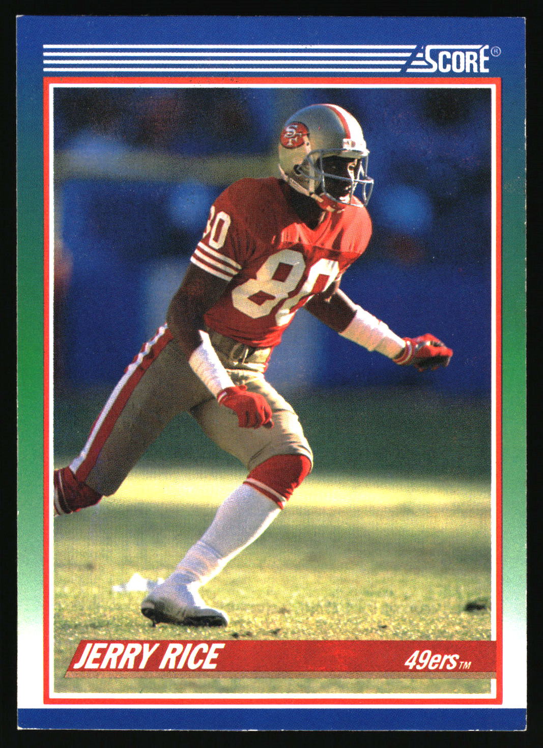 NFL Score card with blue border featuring Jerry Rice