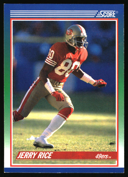 NFL Score card with blue border featuring Jerry Rice