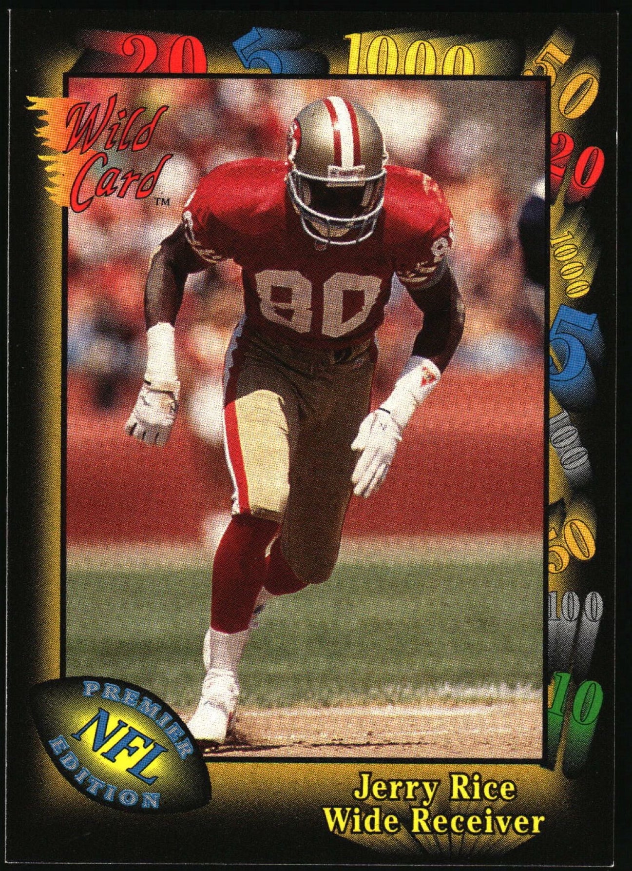 A vintage Jerry Rice NFL trading card featuring a running wide receiver in a red and gold San Francisco 49ers uniform, set against a solid black background.