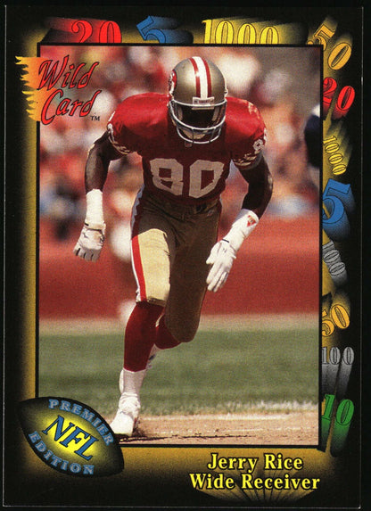 A vintage Jerry Rice NFL trading card featuring a running wide receiver in a red and gold San Francisco 49ers uniform, set against a solid black background.