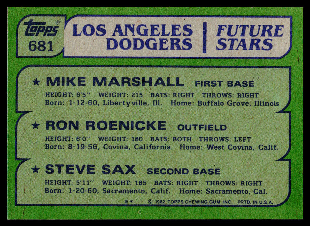 1982 Topps #681 Dodgers Future Stars (Mike Marshall / Ron Roenicke / Steve Sax)