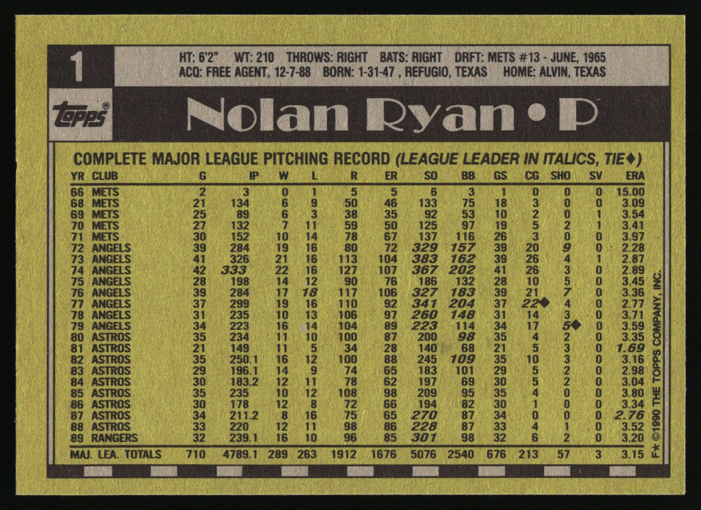 1990 Topps #1 Nolan Ryan