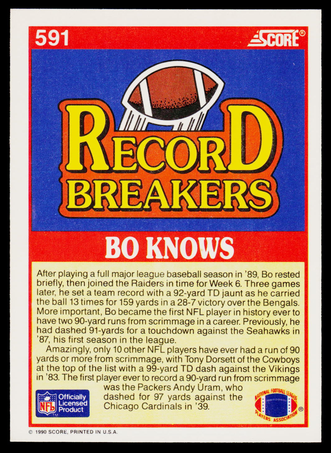 A vintage 1990 Sports-Times football trading card featuring Bo Schembco's 'Record Breakers' design. The card has a red border, a blue background, and large yellow text with red outlines.