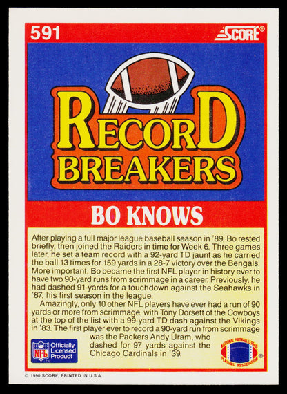 A vintage 1990 Sports-Times football trading card featuring Bo Schembco's 'Record Breakers' design. The card has a red border, a blue background, and large yellow text with red outlines.