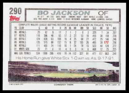 A vintage 1990 Topps baseball trading card back featuring Bo Jackson, showing his career batting statistics and a photo of the Chicago Sox at Comiskey Park.