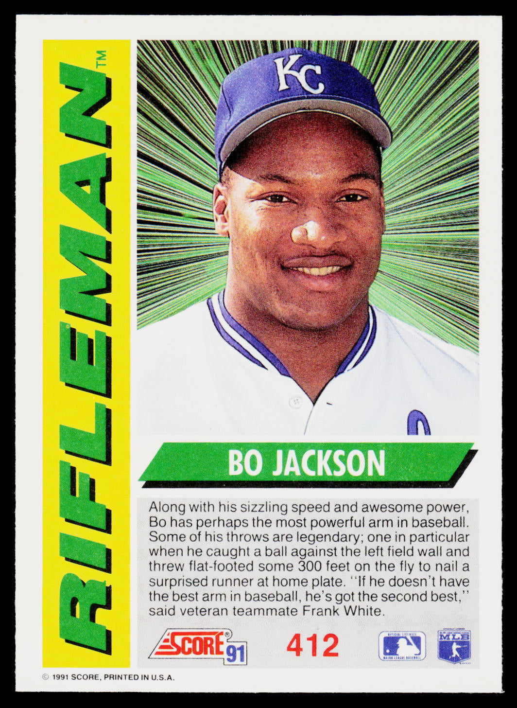 A vintage 1991 Sports-Times football trading card featuring Bo Jackson, with a large portrait, player statistics, and team branding on a white card stock background.