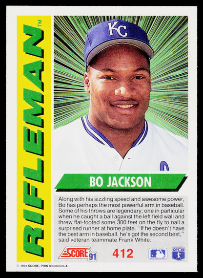 A vintage 1991 Sports-Times football trading card featuring Bo Jackson, with a large portrait, player statistics, and team branding on a white card stock background.