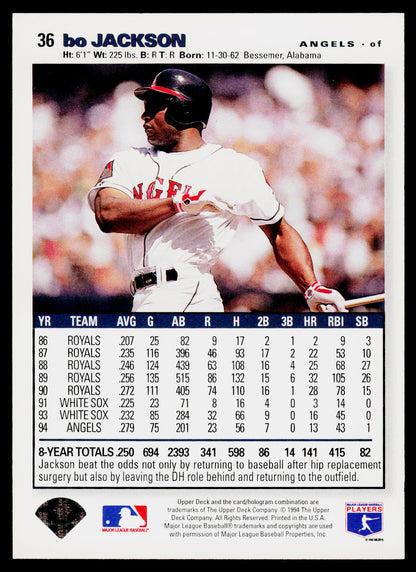 Back of a baseball trading card featuring player statistics, team logos, and a photo of Jo Jackson in a white Angels uniform.