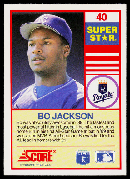 A vintage 1990 baseball trading card featuring Bo Jackson, with his name and career highlights printed on the back side. The card has a red border, a yellow header, and a photo of Bo Jackson in a purple uniform.