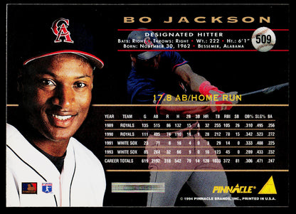 A vintage 1994 Panini baseball trading card featuring Bo Jackson, with a black background, player statistics, team logo, and a small inset action photo.