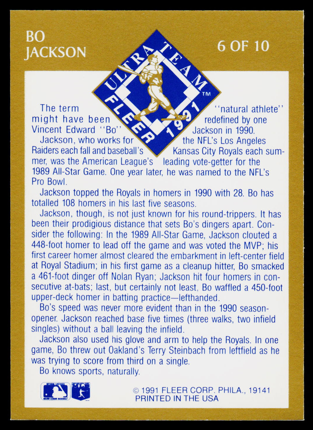Back of a baseball trading card featuring a gold border, blue text, and a white diagonal sticker that reads 'BO JACKSON 6 OF 10'.
