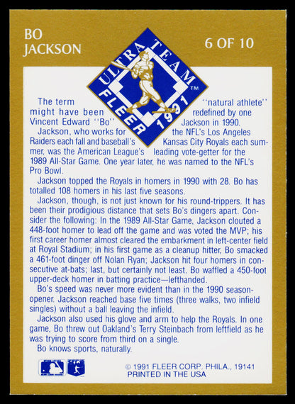 Back of a baseball trading card featuring a gold border, blue text, and a white diagonal sticker that reads 'BO JACKSON 6 OF 10'.