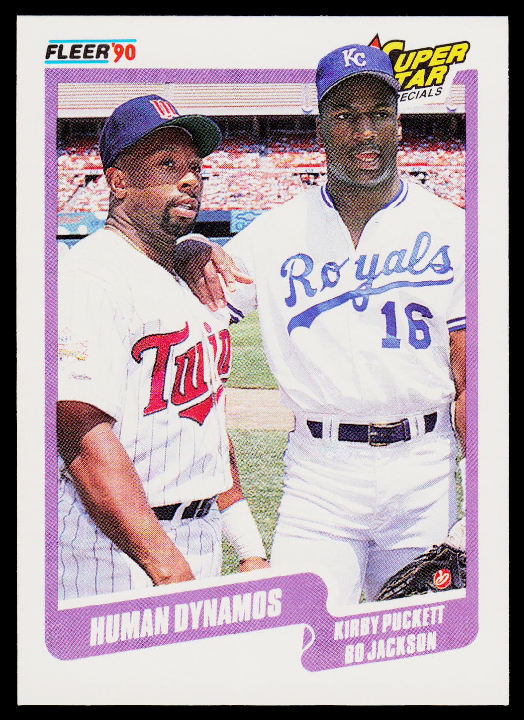 A vintage baseball trading card featuring two players in white uniforms, with the text 'FLEER 90' at top left and 'Super Star' at top right. The card shows a player in a Minnesota Twins uniform and a Kansas City Royals player in a white Royals uniform with the number 16.