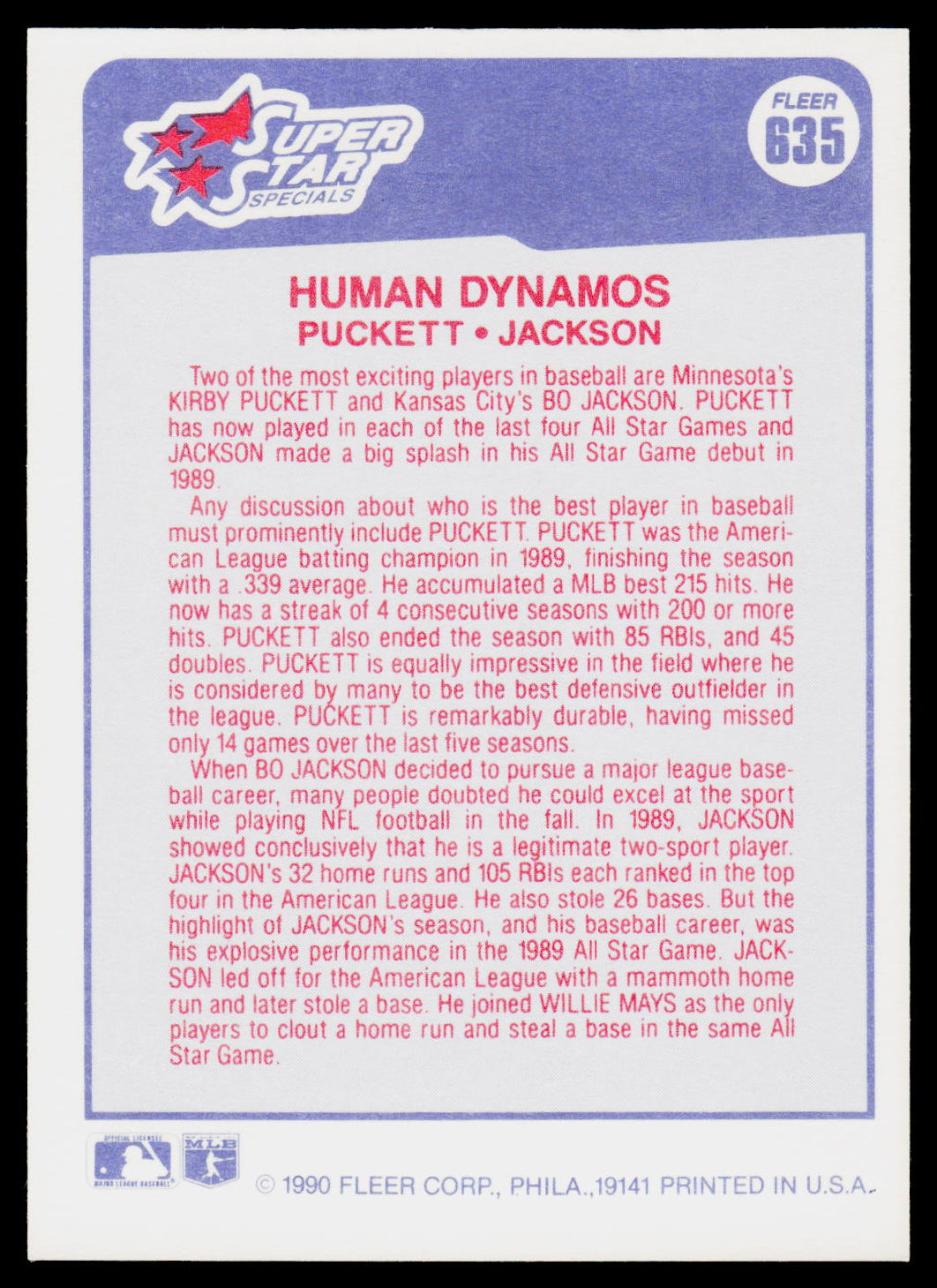 Back of a 1974 Philadelphia Phillies baseball trading card, featuring player information for Puckett and Jackson in red text on a white background with a blue border.