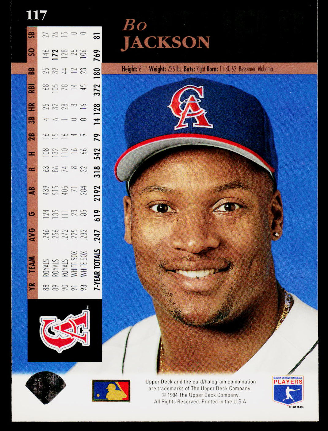 A 1998 Topps baseball trading card featuring Bo Jackson, with a portrait of him wearing a blue and red Carolina Hurricanes cap, player statistics on the right, and a black bottom section.