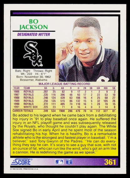 A baseball trading card featuring Bo Jackson, with a photo of him in a cap and team uniform, plus text and statistics on a white background.