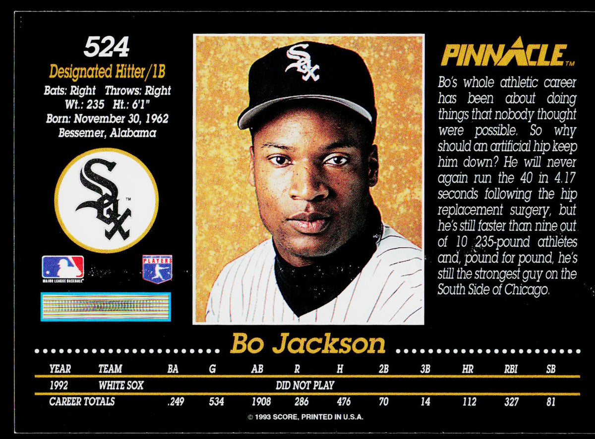 A baseball trading card featuring Bo Jackson, with a black background, gold text, a player portrait, and team statistics. The card includes the Chicago White Sox logo and a 'Pinnacle' brand mark.