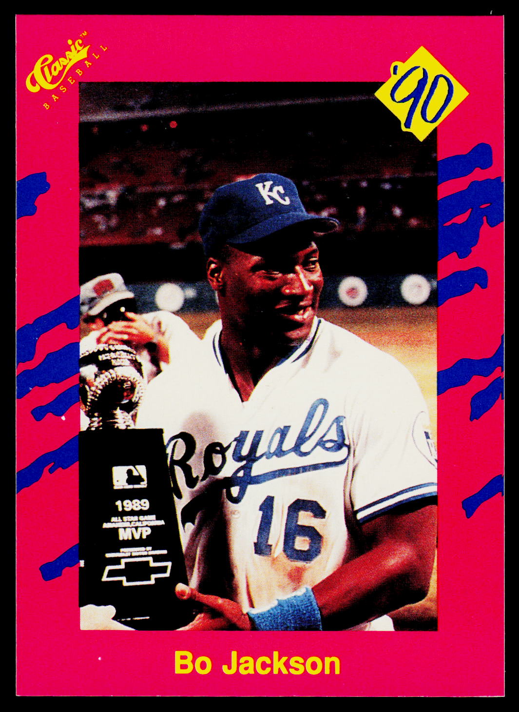 A vintage 1990 Classic Memorabilia baseball trading card featuring Bo Jackson in a Kansas City Royals uniform, holding a 1989 MVP trophy. The card has a bright pink border with blue scribble graphics and a yellow '90 sticker graphic.