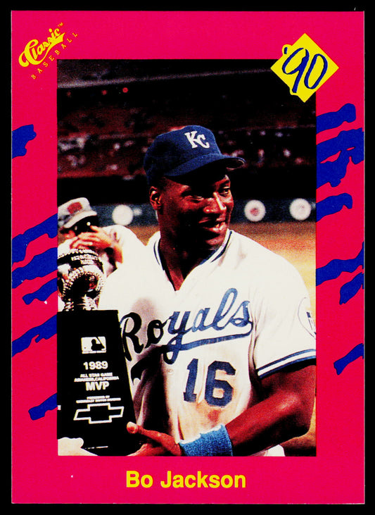 A vintage 1990 Classic Memorabilia baseball trading card featuring Bo Jackson in a Kansas City Royals uniform, holding a 1989 MVP trophy. The card has a bright pink border with blue scribble graphics and a yellow '90 sticker graphic.
