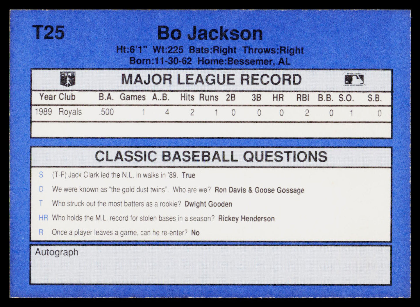 A blue collectible baseball record card for Bo Jackson, featuring his Major League Record and Classic Baseball Questions.