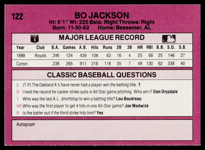 A vintage baseball record card for Bo Jackson, showing his major league record and classic baseball questions on a pink background.
