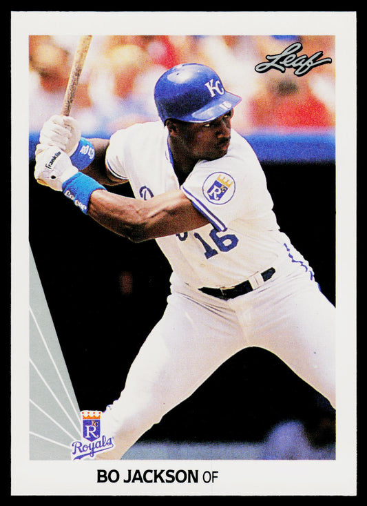 A vintage baseball trading card featuring Bo Jackson in a white Kansas City Royals uniform with blue helmet and batting stance. The card includes 'Leary' branding at the top right and 'Royals' team branding at the bottom left, with player name 'BO JACKSON OF' printed below the photo.