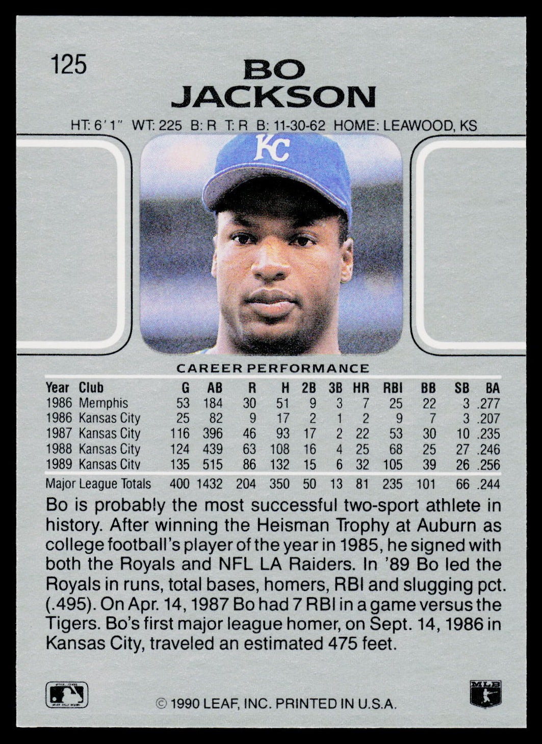 Back of a 1990 Leaf, Inc. Bo Jackson baseball trading card, showing player statistics, career performance tables, and a small portrait photo of Bo Jackson wearing a blue Kansas City Royals cap.