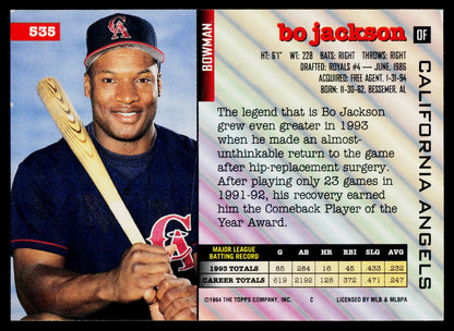 A baseball trading card featuring Bo Jackson of the California Angels, with a portrait, player statistics, and team branding on a white background.