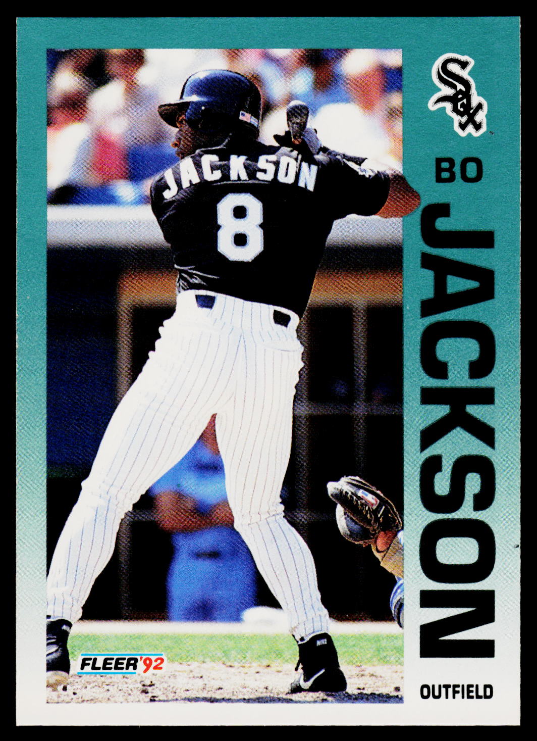 A vintage Fleer 1992 baseball trading card of player Jackson, number 8, wearing a Chicago White Sox black and white uniform. The card features a teal border with the player's name printed vertically on the right side.