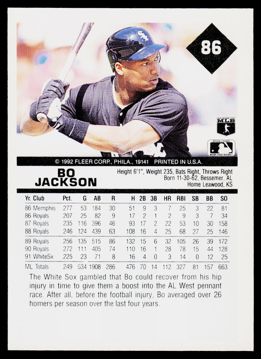 Back of a 1992 Fleer baseball trading card featuring player stats and a photo of baseball player Bo Jackson in a navy uniform.