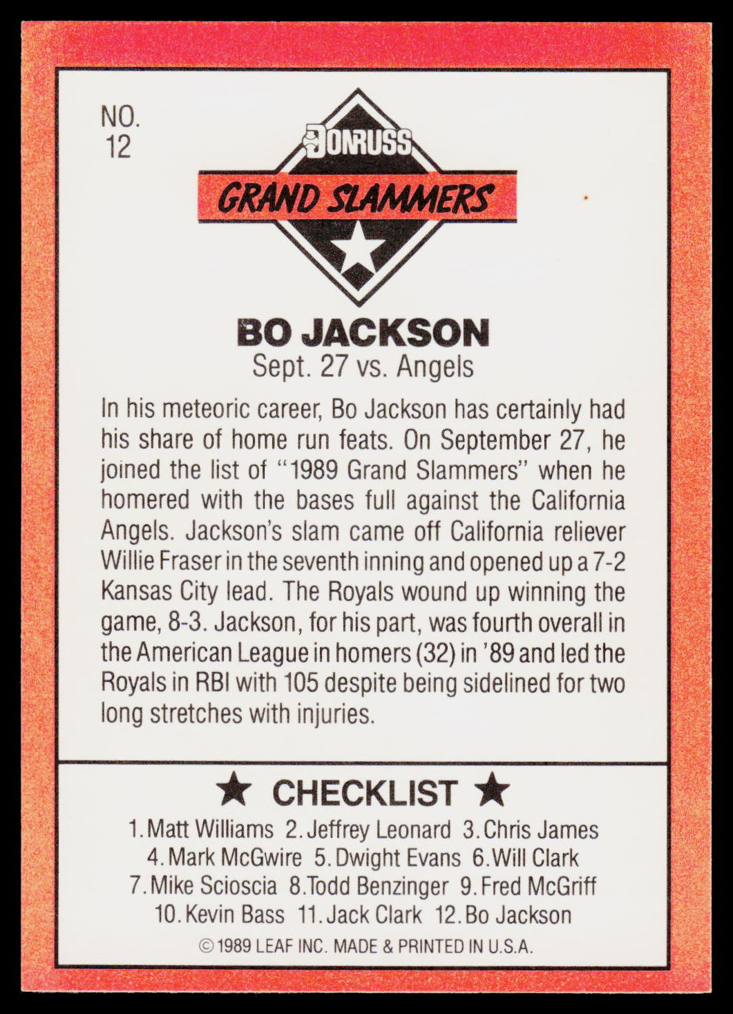 1990 Donruss #12d Bo Jackson Grand Slammers