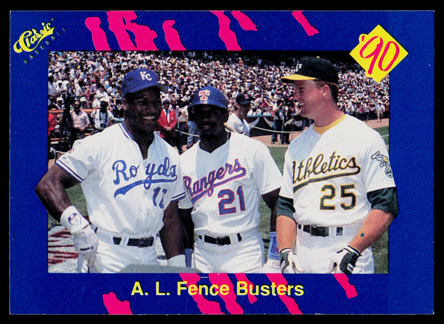 A vintage baseball trading card featuring three players in white uniforms celebrating on a field, with a blue border, pink graphic accents, and text reading 'A. L.