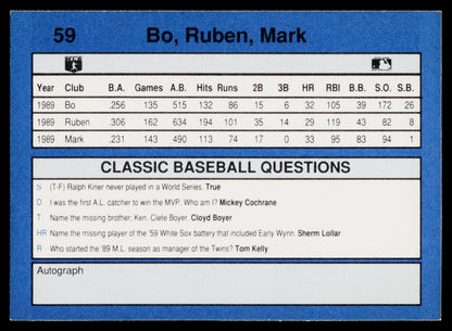 A blue collectible baseball card featuring Mark Bo, with a white vertical column titled 'CLASSIC BASEBALL QUESTIONS' and a white autograph section on the right.