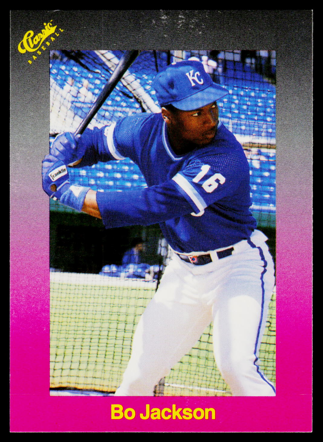 A vintage baseball trading card featuring Bo Jackson in a blue Kansas City Royals uniform, with a pink-to-black gradient border and the text 'Classic Baseball' and 'Bo Jackson'.