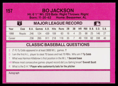 A pink baseball trading card featuring Bo Jackson's career statistics, major league record, classic baseball questions, and an autograph section.
