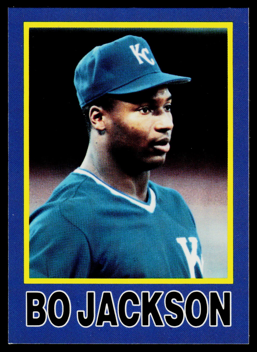 A vintage baseball trading card featuring Bo Jackson in a teal Kansas City Royals uniform and cap, with a blue border and the text 'BO JACKSON' at the bottom.