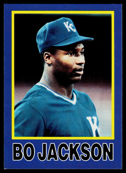 A vintage baseball trading card featuring Bo Jackson in a teal Kansas City Royals uniform and cap, with a blue border and the text 'BO JACKSON' at the bottom.