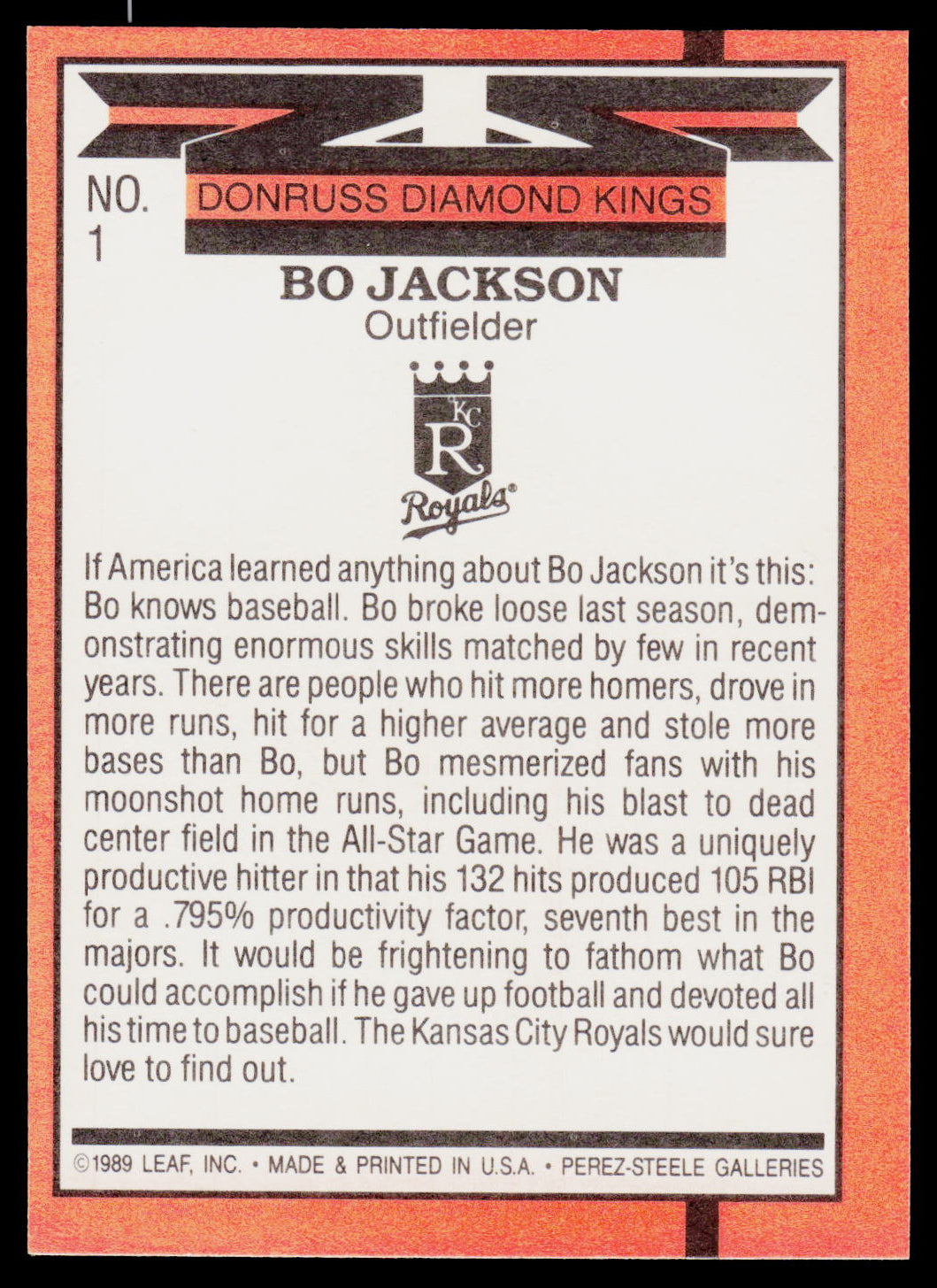 A back view of a vintage 1989 baseball trading card featuring Bo Jackson, an outfielder for the Donnas Diamond Kings. The card has a white background with black text detailing his career, framed by a textured orange border.