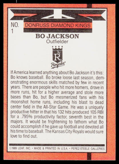 A back view of a vintage 1989 baseball trading card featuring Bo Jackson, an outfielder for the Donnas Diamond Kings. The card has a white background with black text detailing his career, framed by a textured orange border.