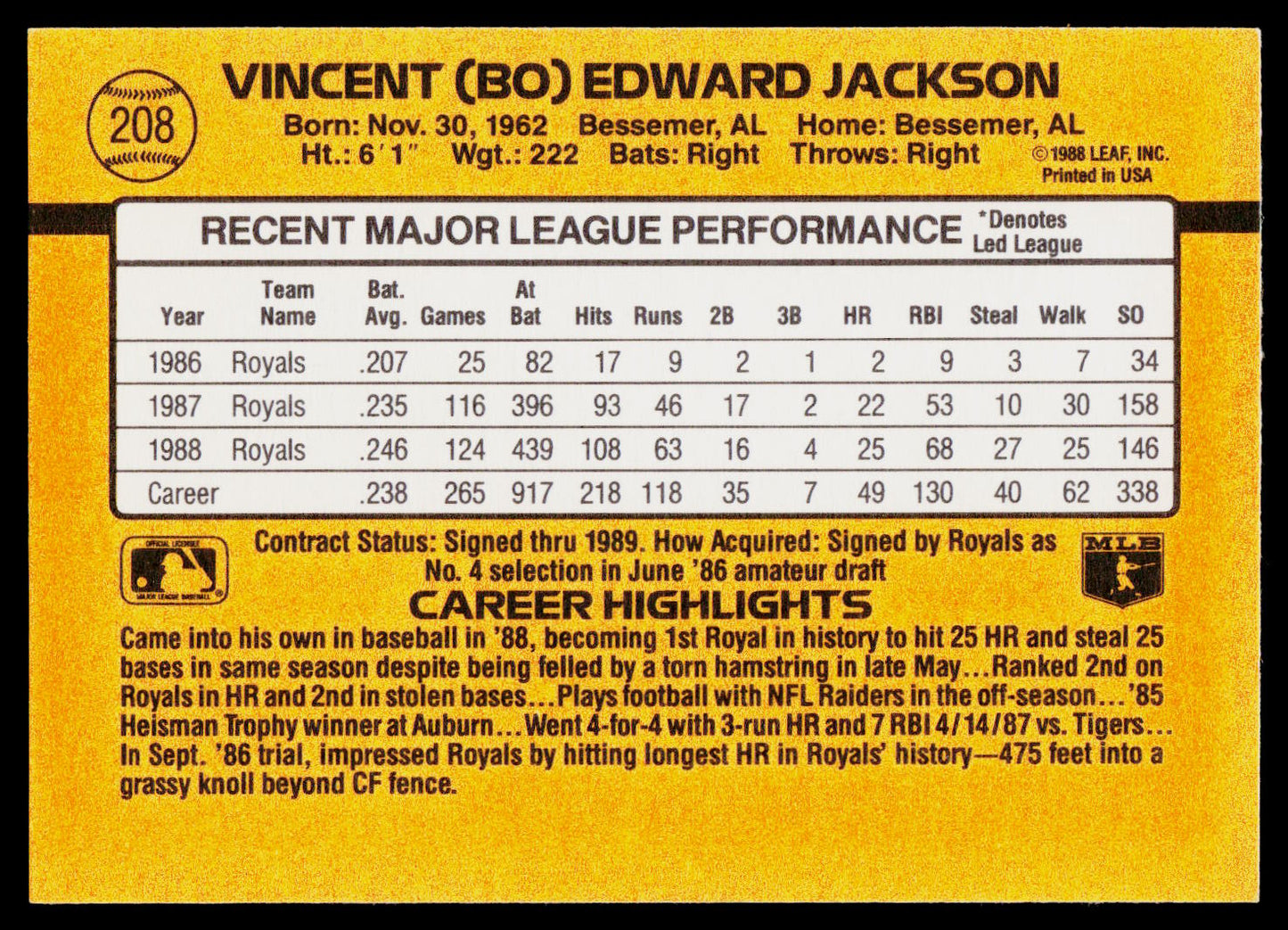A vintage yellow sports trading card back featuring player statistics for Vincent (80) Edward Jackson, with black text, a white data table, and a yellow border.