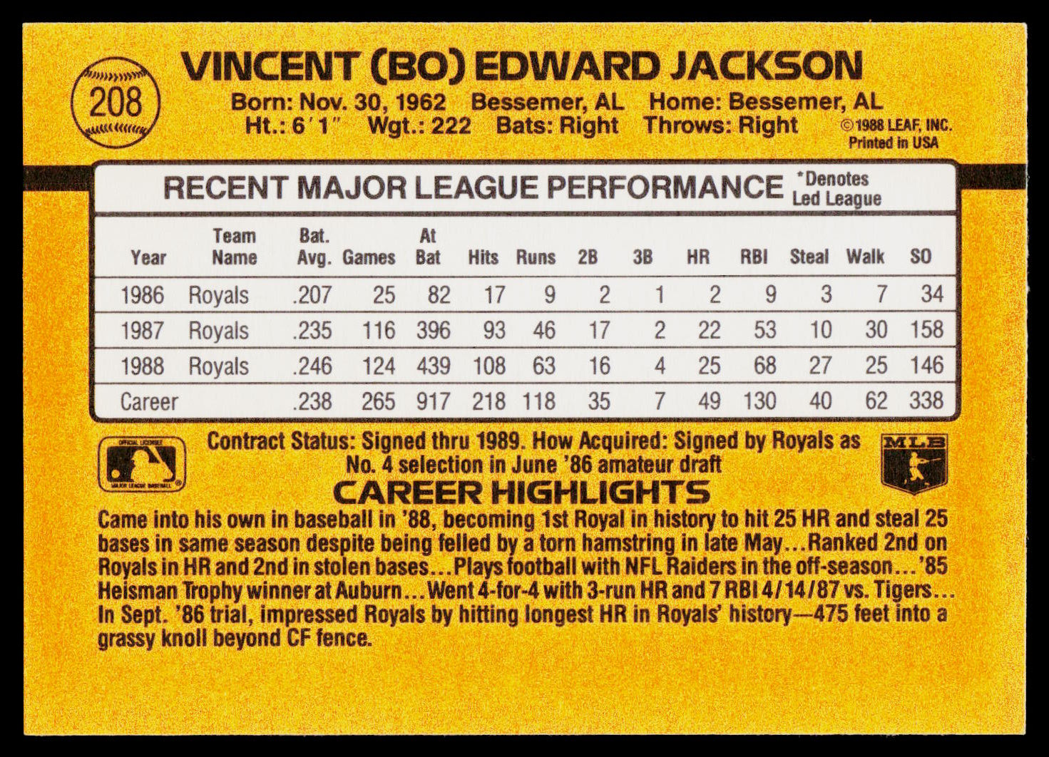 A vintage yellow sports trading card back featuring player statistics for Vincent (80) Edward Jackson, with black text, a white data table, and a yellow border.