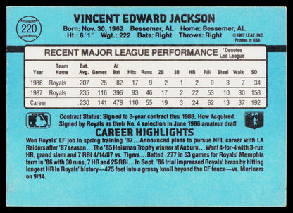 The back of a vintage 1982 Vincent Edward Jackson baseball trading card, featuring a light blue background with black and white text detailing his career highlights and performance statistics.